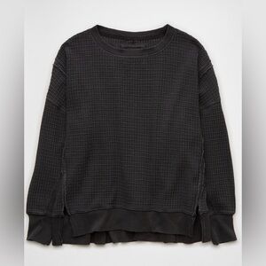 American Eagle Women’s Oversized Big Hug Waffle Crew Neck Sweatshirt Black Sz XS